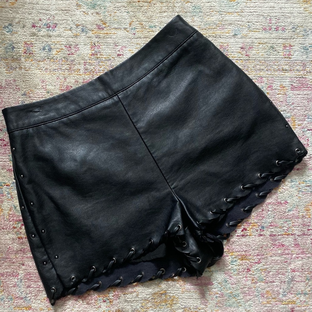 Topshop Black High-Waist Faux Leather Lace-Up Hem Shorts